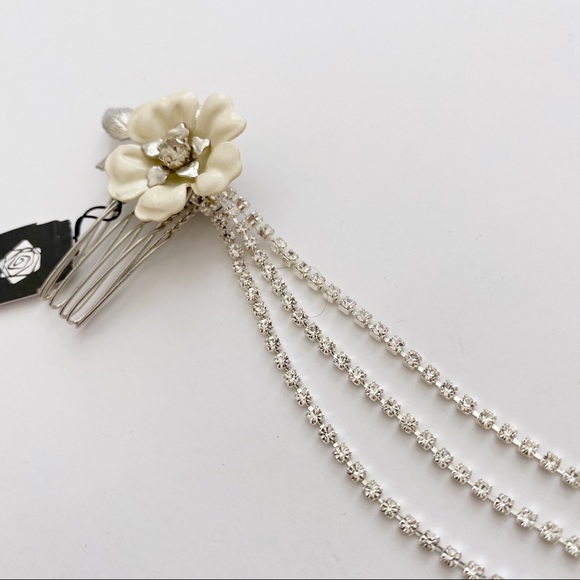 Triple Comb Enamel Bridal Headpeice Crystal Swags - Picture 5 of 11